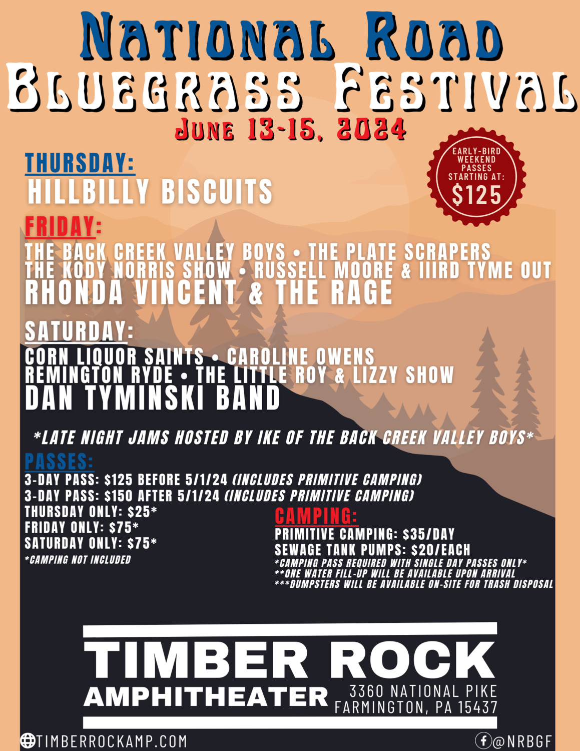 National Road Bluegrass Festival, Thu. Jun. 13, 2024 Sun. Jun. 16, 2024 Timber Rock